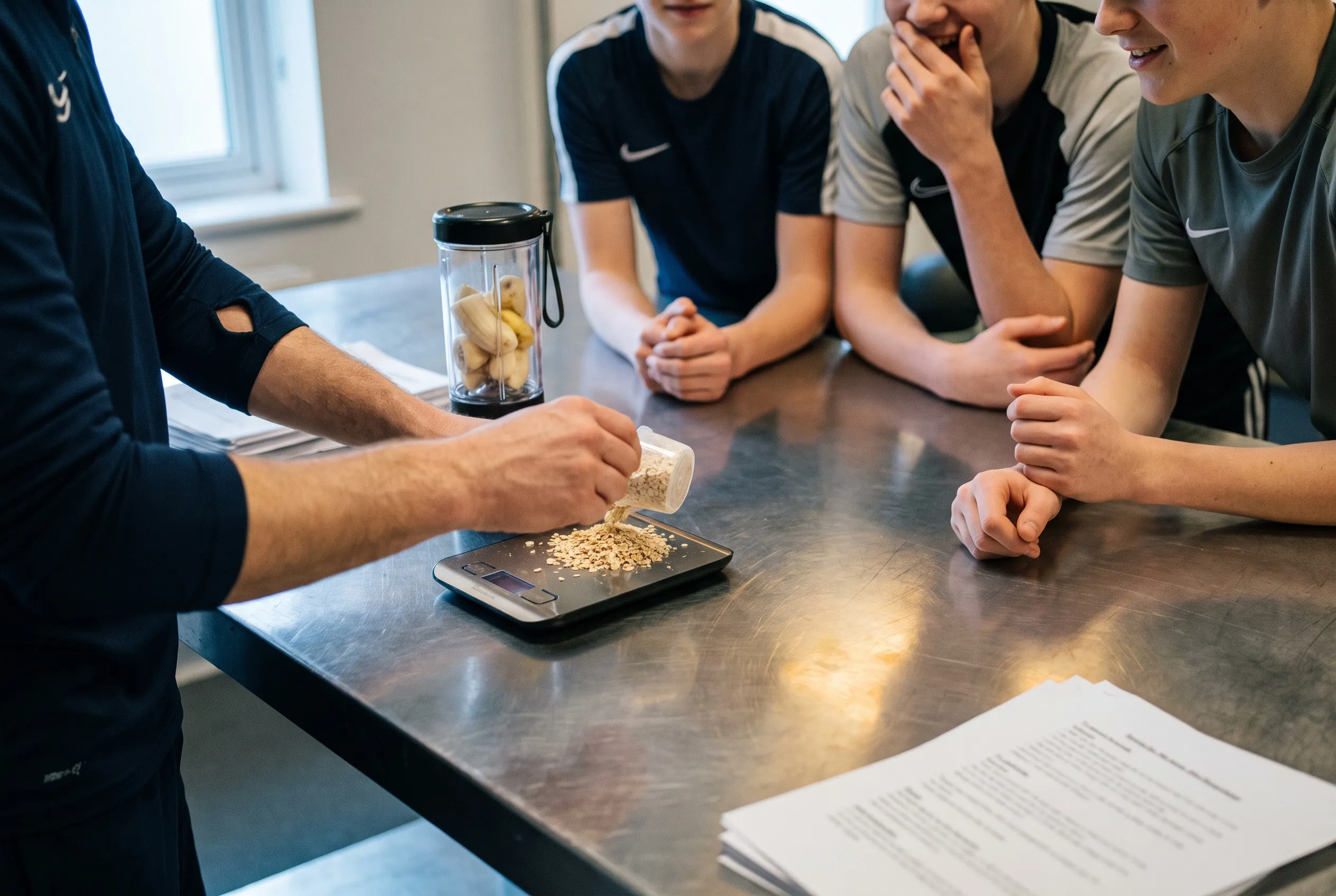 Adamo teaching the nutrition module at the steel table in the instruction room, students laughing, a portable blender and a digital scale in front of him.