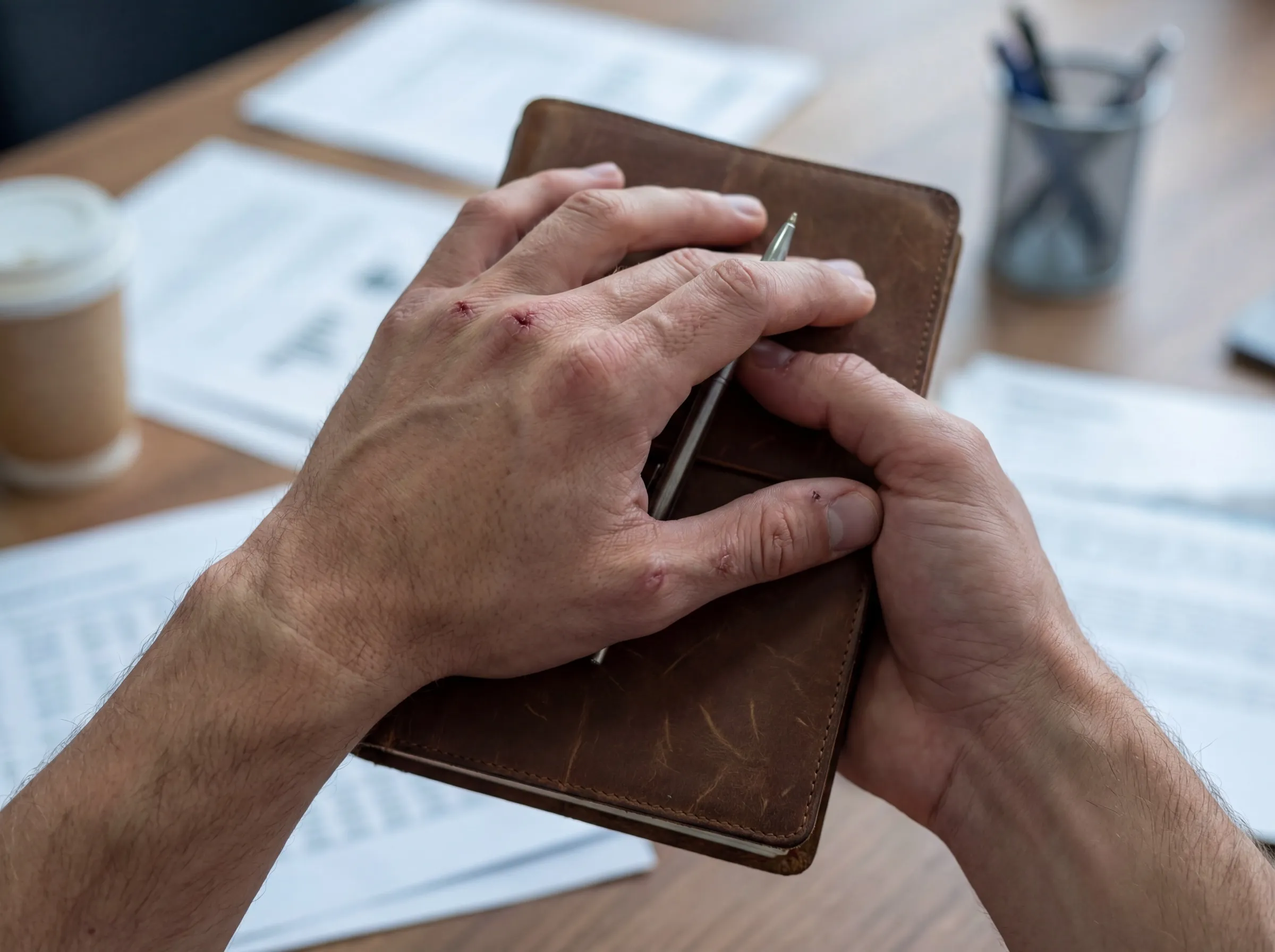 Two hands resting on a worn leather notebook with a pen tucked inside, on a desk covered in printed data sheets.