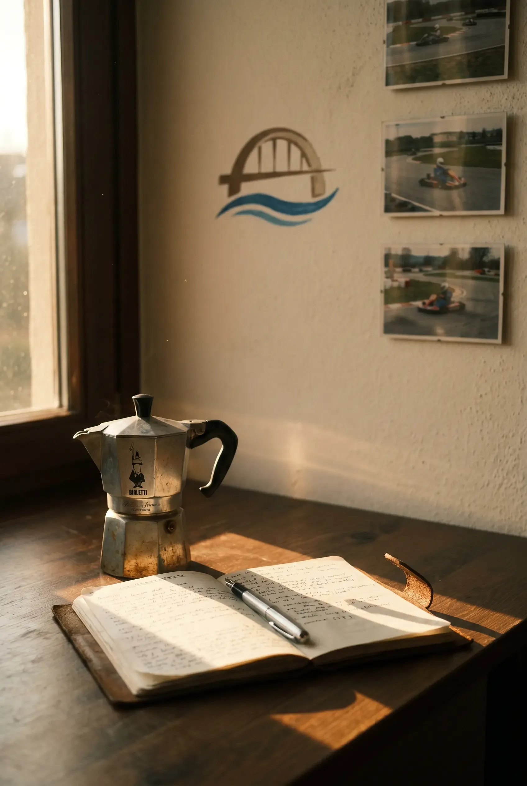 A desk by a window: a Bialetti moka pot and an open leather notebook with a pen, the bridge logo and photographs of kart tracks on the wall behind.