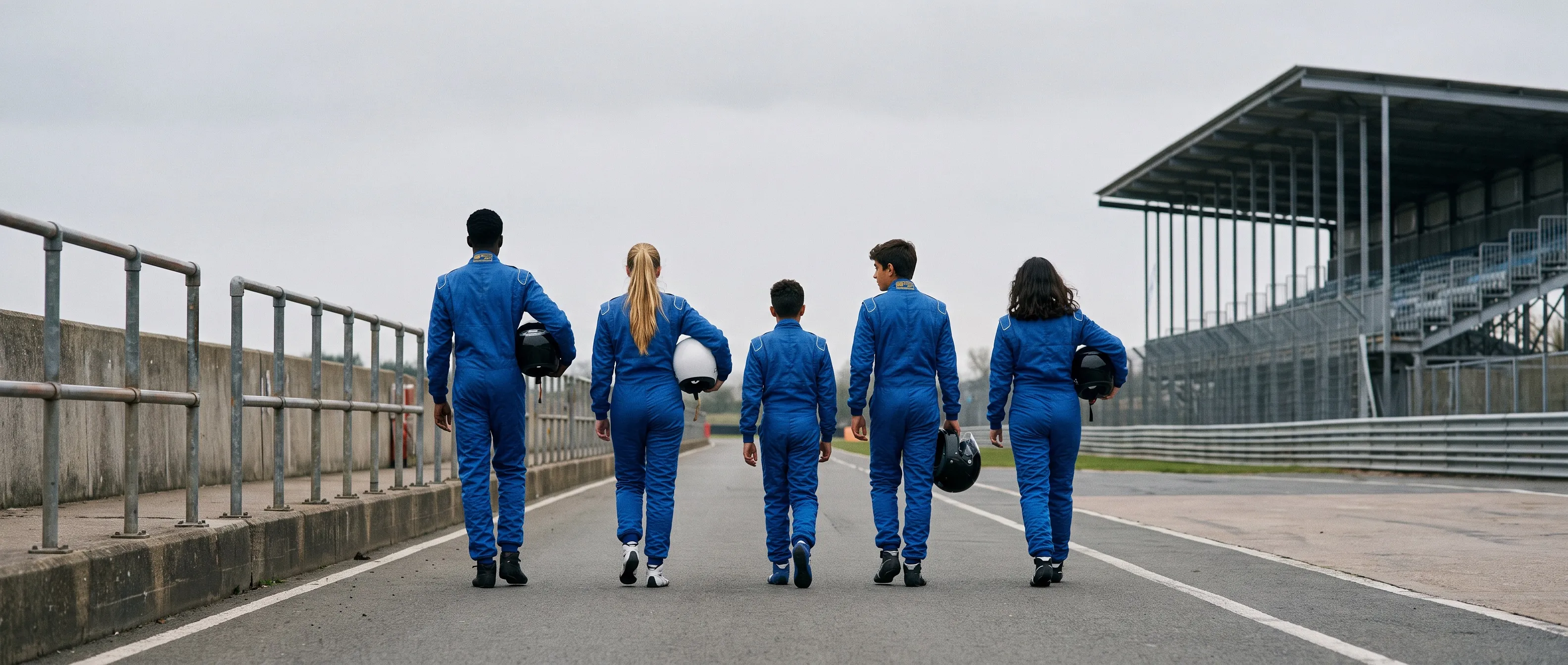 Five young drivers in blue race suits walking away down the pit lane at Modena, helmets in hand, seen from behind, an empty grandstand across the track.