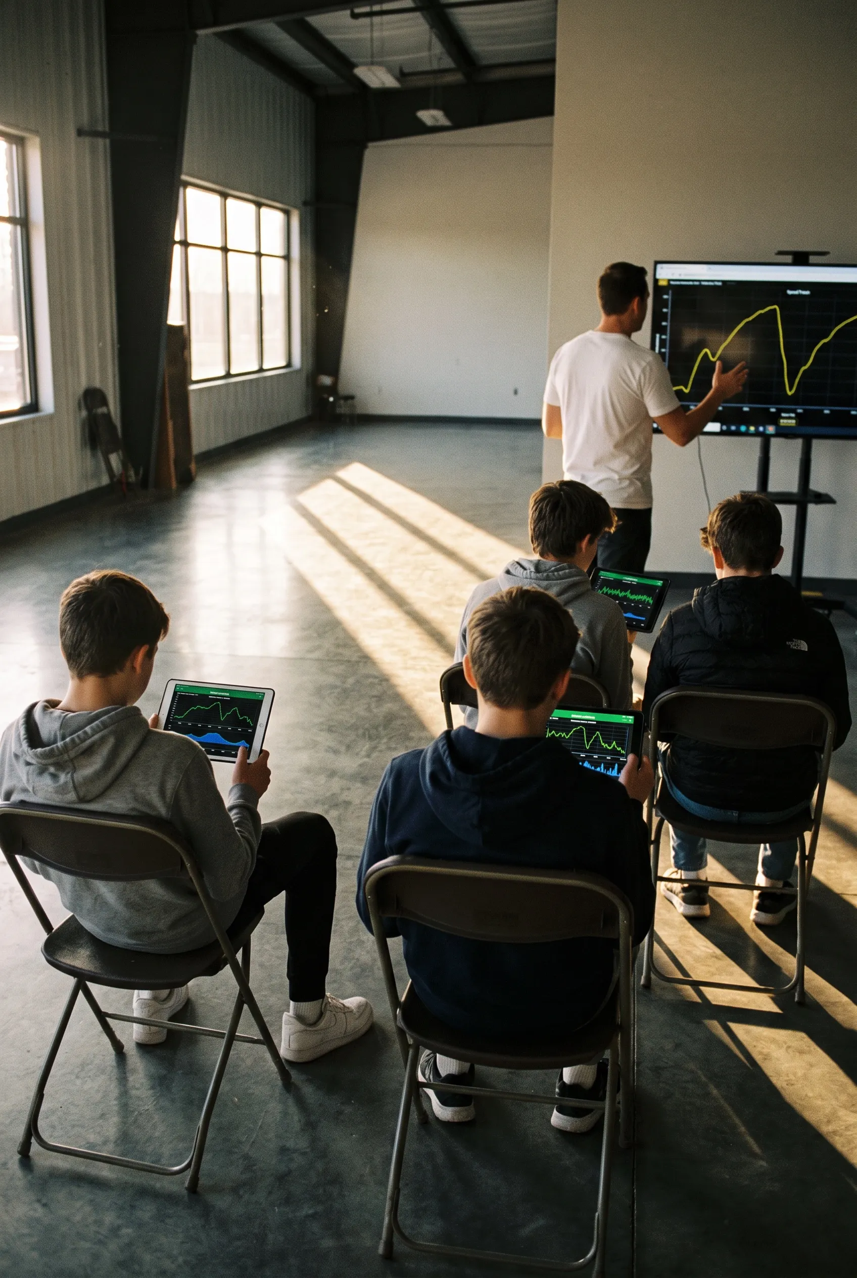 Four students with tablets in the instruction room, Alexander at the big screen, light coming through the high windows.