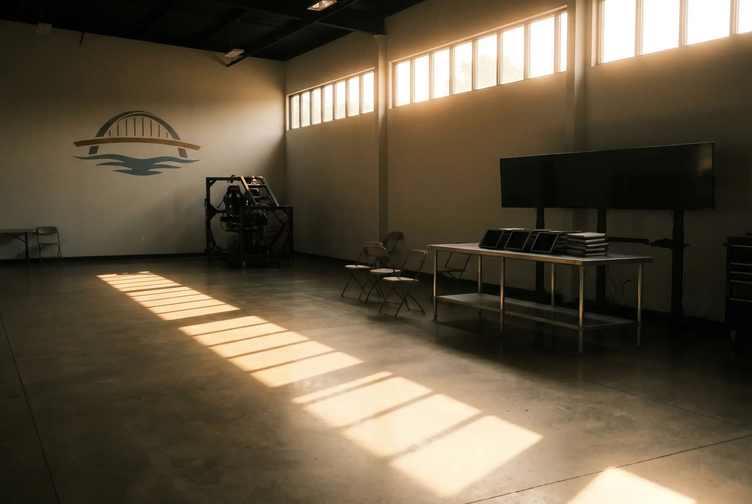 An empty high-windowed training room. The Foundation’s bridge logo is painted on the far wall; a g-force rig, folding chairs and a steel table of tablets stand under a bank of screens, and afternoon light falls in long rectangles across the concrete floor.