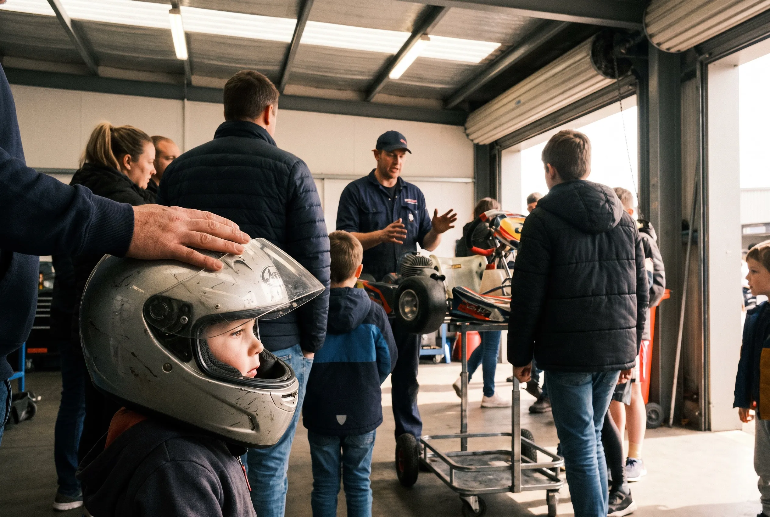 Families in the workshop on an open day, a small child wearing a helmet several sizes too big.