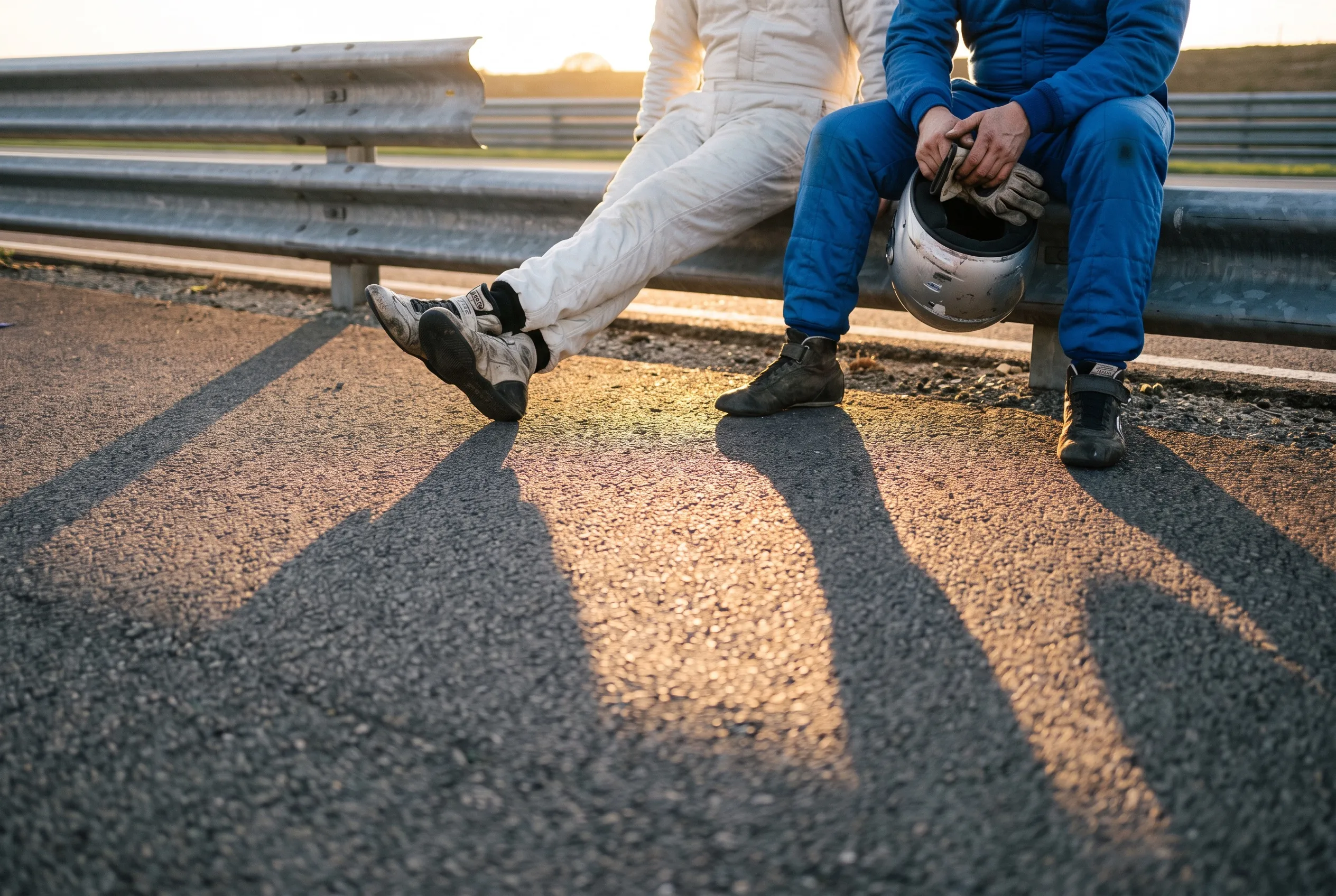Two people perched on the pit-lane armco at sunset, seen from the chest down: one in a white race suit, one in blue holding a helmet. Their long shadows stretch across the tarmac.