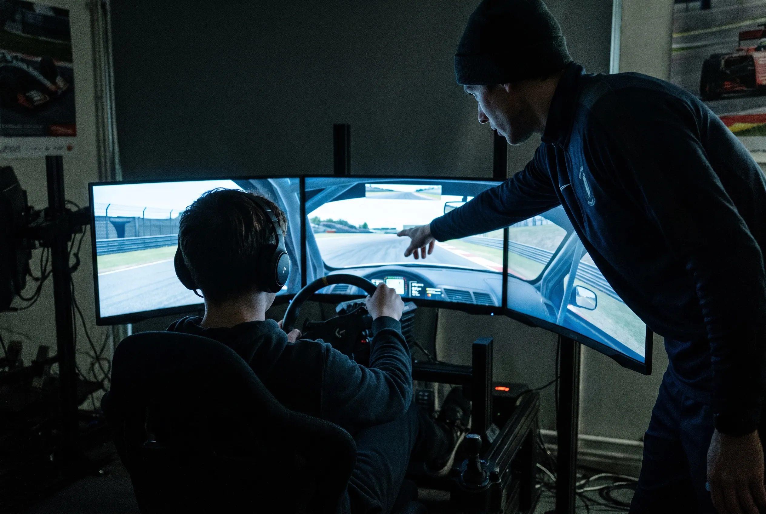 A student in a simulator rig in a dark room, lit by the screen, an assistant coach leaning in beside the seat.