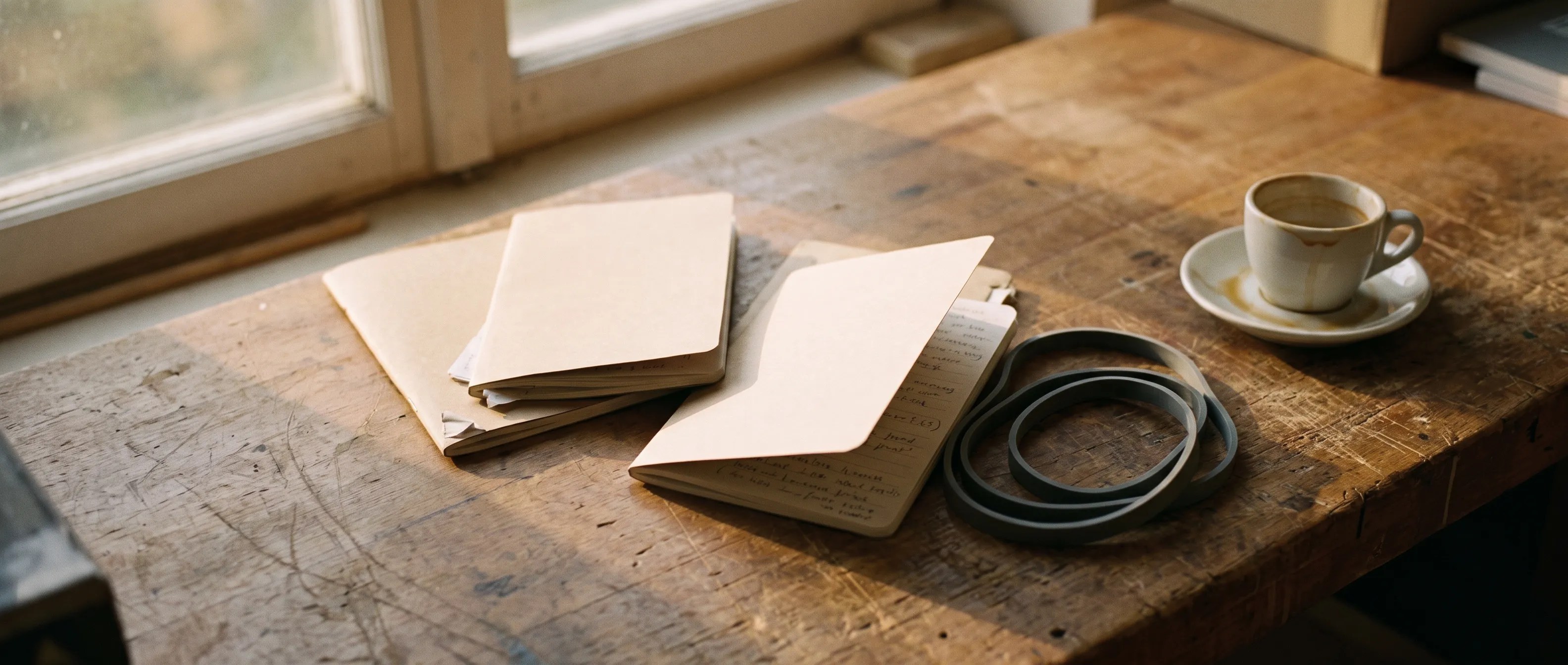 The printed syllabus on a workshop bench: three module booklets with handwritten notes in the margins, a neck-conditioning band and an espresso cup.