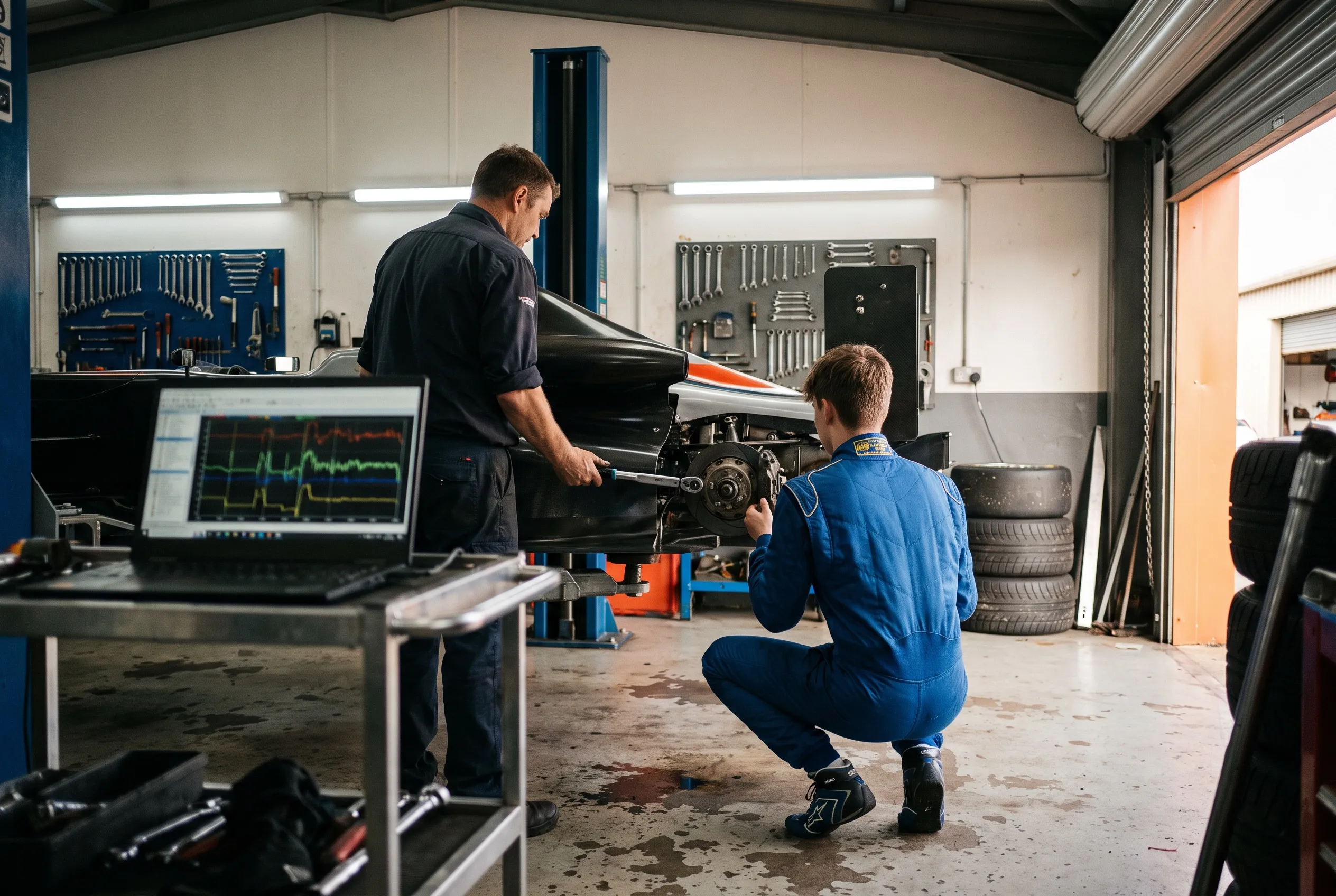 A student and a mechanic at an F4-spec car on a lift, a telemetry laptop on a trolley beside them.